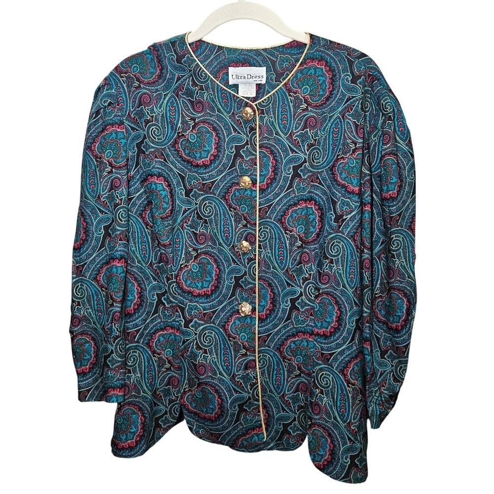 Vintage 80s Blazer Womens 16 Teal Blue Paisley Scalloped Hem Jacket Floral
